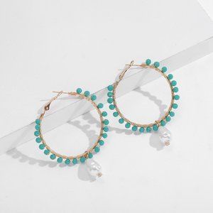 Retro Green Bead Braided Pearl Pendant Earrings